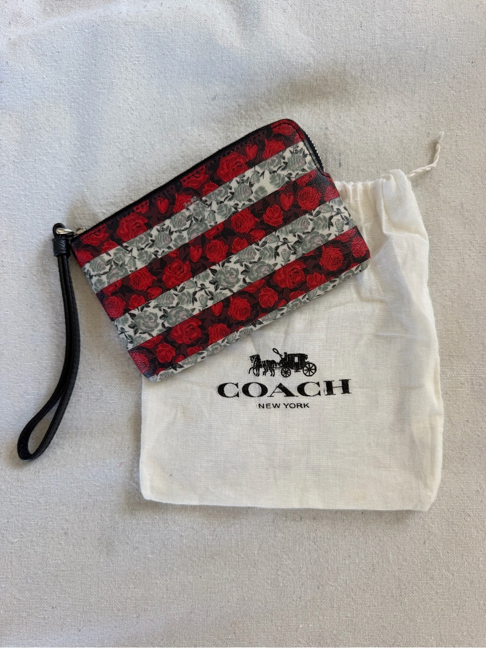 Coach Black/Red Floral Zip Wristlet with Red Rose Accent